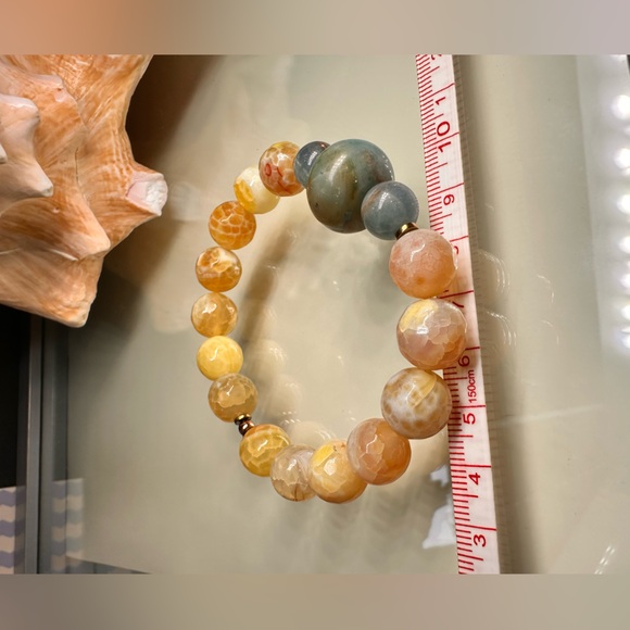 YELLO FIRE AGATE + AMAZONITE + LEMURIAN NATURAL STONES BRACELET size 7” - Picture 9 of 12